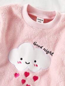 SHEIN Genkimix Kids Áo hồng cho bé gái, Áo dài tay thêu hình đám mây bán chạy nhất kết hợp với quần dài vải nhung in hình đám mây màu xám Bộ đồ ngủ - Hồng - Xem 4