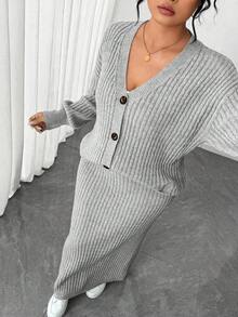 Elenzga Plus Size Solid V-Neck Button Front Long Sleeve Cardigan & Skirt 2 Pieces Set - Light Grey - View 5