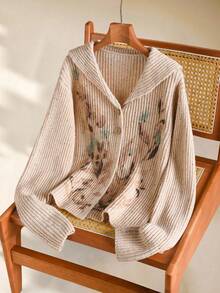 Rusticease Cárdigan de manga larga con estampado aleatorio para mujer - Caqui - Ver 1