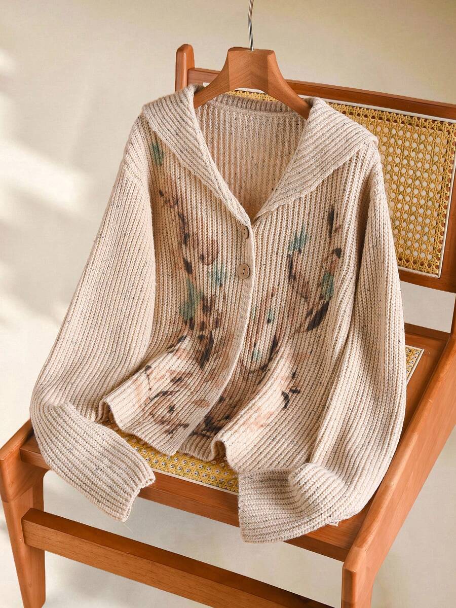 Rusticease Cárdigan de manga larga con estampado aleatorio para mujer - Caqui - Ver 1