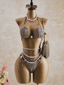 Swim Vcay Conjunto de biquíni feminino com estampa de palmeiras e detalhes em miçangas contrastantes, primavera/verão. - Castanho - Ver 8
