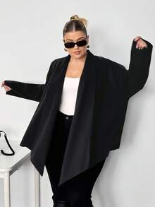 Truni Lacenleopard Plus Size Women Solid Color Batwing Sleeve Open Front Casual Jacket, Autumn/Winter, For Pear Triangle Body Shape - Black - View 6