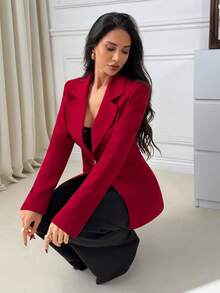 EURMUSE Áo khoác blazer nữ đơn giản, cổ khoét, màu trơn, cài khuy đơn - Màu Đỏ Sâu - Xem 6
