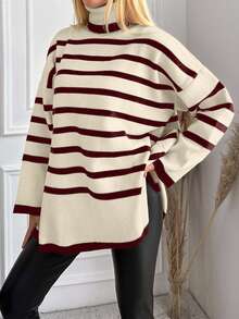 EURMUSE Maglione casual a maniche lunghe da donna con collo alto e motivo a righe - Multicolore - Visualizzare 5