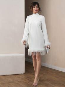 CLARA VERO Women All White Rhinestone Detailed Long Sleeve Feather Detailed Dress - White - View 5