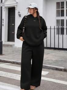 Muchica New Casual Hoodie Sweatshirt & Pants 2 Pieces Set, Versatile For Outings, Daily Wear, Dates, Loose Fit, Black, Plus Size - Black - View 5