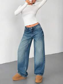 SHEIN Women's Jeans Low Waist Washing Detailed Straight Jean 2000s Style - Medium Wash - View 6