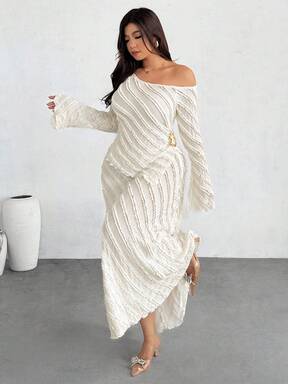 Firerie طقم قطعتين مكون من توب بأكمام طويلة ذات أكتاف مائلة وأكمام واسعة ضيق القصة وتنورة طويلة للمقاسات الكبيرة