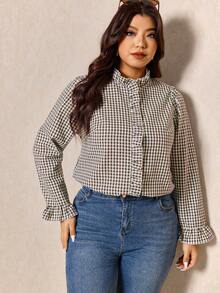 Elaquor Plus Size Women Frill Collar Plaid Long Sleeve Casual Shirt - Coffee Brown - View 5