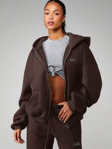 MISSGUIDED Sudadera con capucha con cremallera y bolsillo central con logo de strass - Marrón - Ver 2