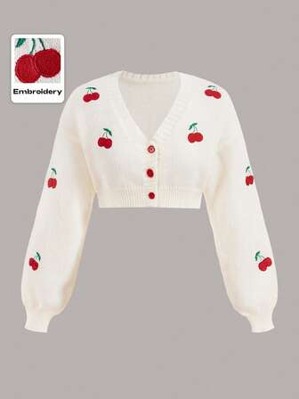 Kawaii Cherry Embroidery Lantern Sleeve Crop Cardigan, School,Long Sleeve Tops