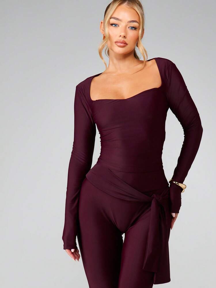 MISSGUIDED Top Manga Longa Decote Quadrado Modelagem Justa com Detalhe de Laço, Perfeita para Sobreposição no Outono e Inverno