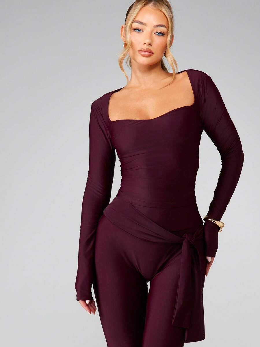 MISSGUIDED 长袖方领修身上衣，系带设计，非常适合秋冬季叠穿。 - 棕色 - 查看 1