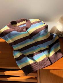 Comfortcana 女士时尚彩色条纹短款开襟休闲简约针织背心，适合秋冬季穿着 - 彩色 - 查看 7