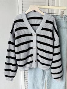 SHEIN Teen Girls' Black & Gray Striped Button V-Neck Loose Casual Striped Sweater Cardigan