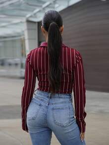 SAYEHFBABY 女士秋季音乐会狂欢节外出街头服饰 Y2K 复古图案酒红色翻领长袖 T 恤 - 酒紅色 - 查看 2