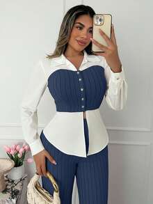 Xyvia 杏色和白色奢华通勤高端成熟智慧女士长袖上衣和阔腿裤两件套，AB面料拼接衬衫领翻领修身腰部上衣，罗纹阔腿裤，适合办公室、校园、商务、旅行、秋冬春季休闲穿着。 - 寶藍色 - 查看 7