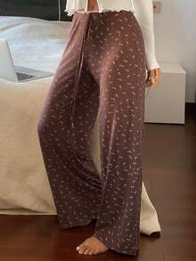 Livesso Ditsy Floral Knit Contrast Trim Waistband Women Pajama Bottoms - Brown - View 4