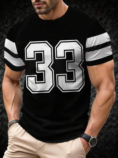 Manfinity Dauomo [Maillot de baseball d'été] Maillot de baseball d'été en polyester léger pour hommes Coupe régulière, Top sport décontracté à imprimé numérique avec design "33", manches rayées noir et blanc, col rond respirant, Top décontracté d'été pour sport et tenue décontractée, lavable en machine, t-shirt en tissu durable