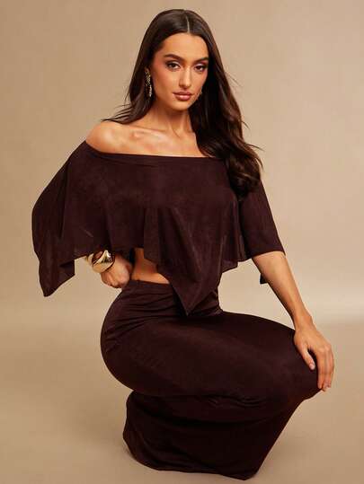 Silquee Women's Solid Color Off-Shoulder Asymmetric Hem Top And Extra Long Maxi Skirt Fashion 2-Piece Set