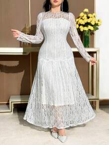Feyla Women's Elegant Lace Patchwork Round Neck Fitted Mid-Length Long Sleeve Dress - White - View 1