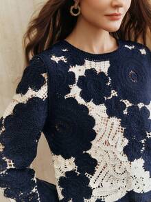 Anewsta Women's Floral Pattern Hollow Round Neck Long Sleeve Fashionable Sweater - Navy Blue - View 2