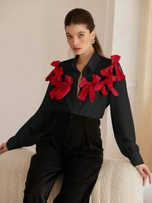 Aveloria 法式风格甜美浪漫双色 3D 蝴蝶结装饰女童长袖衬衫女士秋季衬衫，节日派对服装可爱有趣的纽扣衬衫女士