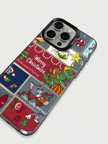 TOM & JERRY X SHEIN Funda de teléfono dura de estilo navideño con gato y ratón, con elementos navideños de gato y ratón y texto "Feliz Navidad", compatible con iPhone y Galaxy, para regalo de Navidad y uso diario, estilo de dibujos animados retro, adecuado para entusiastas de la animación y - Negro - Ver 4