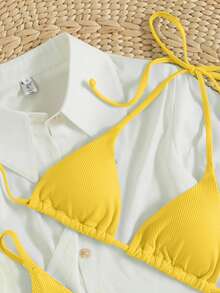 Swim Mod Bikini de 2 piezas con tiras finas y escote halter de tela especial para vacaciones de primavera/verano 2026, de color amarillo sexy y tanga - Amarillo - Ver 6