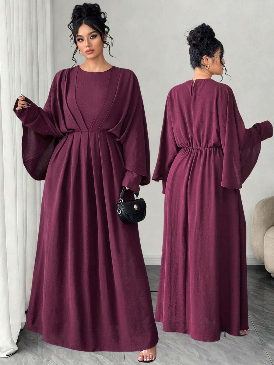 SHEIN Elenzya 情人节加大码女士优雅简约休闲长裙，适合办公室、通勤、海滩、音乐节、下午茶、赛马会、帆船运动等场合，纯色圆领，腰部荷叶边褶皱蝙蝠袖A字长裙，春夏秋季皆宜。 - 紫紅色 - 查看 1