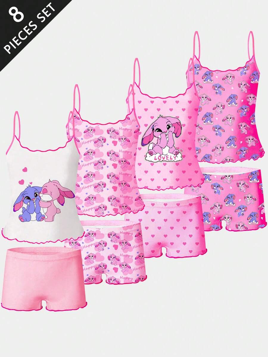 4件套女童兔子印花无钢圈荷叶边吊带背心和舒适平角内裤套装