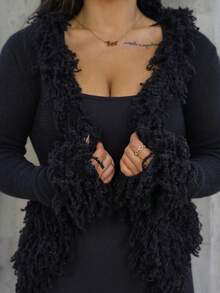 SAYEHFBABY Vintage Shaggy Trim Knit Cardigan Spring Y2K 90's Casual Cute Easter Summer Holiday Summer Festival Fall Autumn Winter Everyday Office Christmas Halloween - Black - View 3