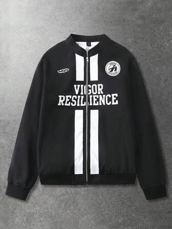 Veste zippée décontractée pour hommes avec imprimé anglais, style de rue mode américain sport, printemps/automne