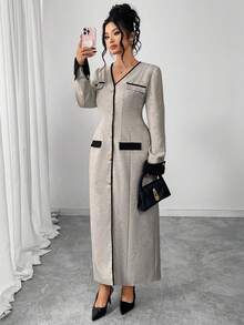 SHEIN Elenzya Plus Size Women's Elegant Luxury Contrast Color Open Front Long Sleeve Metal Button Dress, Autumn - Grey - View 5