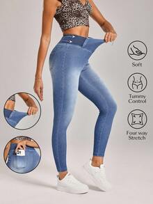 SHEIN Tall Women's Casual Washed High Waist Slim Fit Jeans - Light Wash - View 9