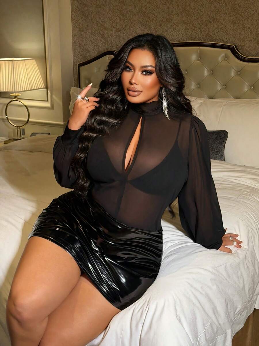 NU&NOW Blouse semi-transparente sexy pour femmes grandes tailles - Noir - Voir 1