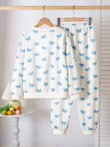 Girls' Fresh Blue Bow Print Long Sleeve Pajama Set - Apricot - View 4