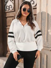 EMERY ROSE Plus Size Women Casual/Work Raglan Sleeve Contrast Hem Drawstring Sweatshirt - Beige - View 1