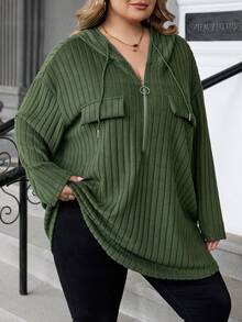 SHEIN CURVE+ Curve Plus Size Women Casual Loose Hooded Half Zip Metal Decor Ribbed Pullover T-Shirt, Autumn/Winter