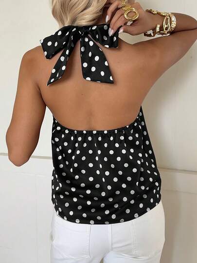 SHEIN EZwear Women's Fashionable Sexy Polka Dot Backless Halter Neck Top
