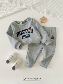 Cozy Pixies 2pcs/Set Baby Boys Cartoon Bear Pattern Knitted Soft Crew Neck Long Sleeve Pullover Sweatshirt And Elastic Waist Pants, Thermal Lined Thick Set For Winter - Light Grey - View 3