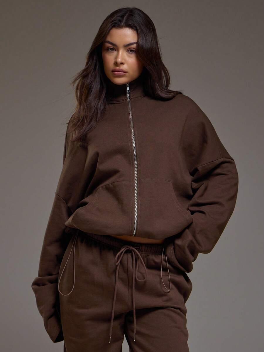 MUSERA Áo sweatshirt cổ cao, thắt eo, tay cong, khóa kéo, kiểu dáng năng động, thích hợp mặc mùa đông, phong cách coolgirl, ấm áp, dễ thương, thích hợp cho hoạt động ngoài trời, khám phá, thường ngày. - Cà phê nâu - Xem 1