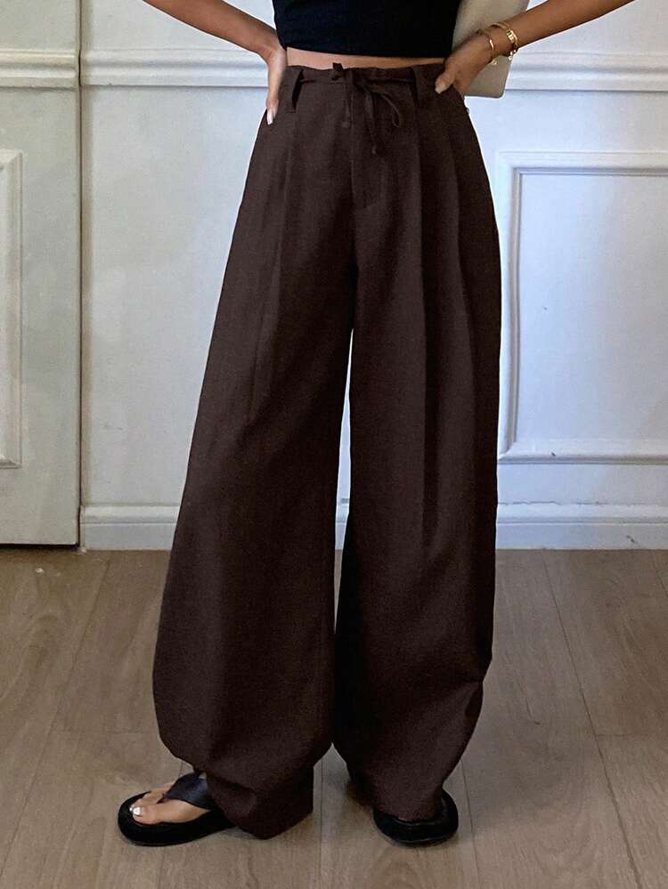 Solid Color Loose Wide Leg Pants With Pleated Waistband, Elegant Formal Trousers For Autumn/Winter Y2k