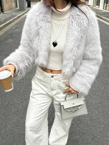 SHEIN Unity 1件女士奢华优雅仿毛皮内衬外套，酒红色 - 淺灰色 - 查看 4