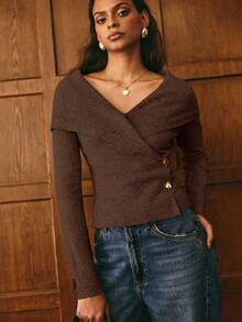 Poéselle Women's Elegant Solid Color Wrap Cardigan, Suitable For Commuting, Autumn/Winter Brown Tops For Women Brown Sweater Coffee Brown Top Dark Brown Top Chocolate Brown Top - Brown - View 8