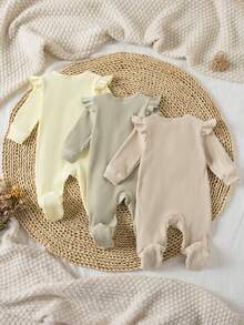 新生儿睡衣 - 三件套，连脚睡衣，荷叶边肩部设计，长袖，圆领，罗纹面料，柔和的黄色、鼠尾草绿、米色等中性色调，男女通用，四季皆宜，适合节日穿着，2026 年必备，舒适弹力，亲肤透气，日常睡衣，婴儿房礼物 - 彩色 - 查看 2