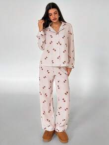 Aloruh 女士领口心形条纹长袖睡衣套装睡衣套装女士女士睡衣套装心形印花睡衣心形睡衣套装可爱睡衣套装条纹心形睡衣女士心形睡衣心形睡衣套装，秋季服装 - 棕色 - 查看 6