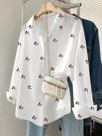 Resyla Plus Size Women Cherry Print Shirt, Autumn