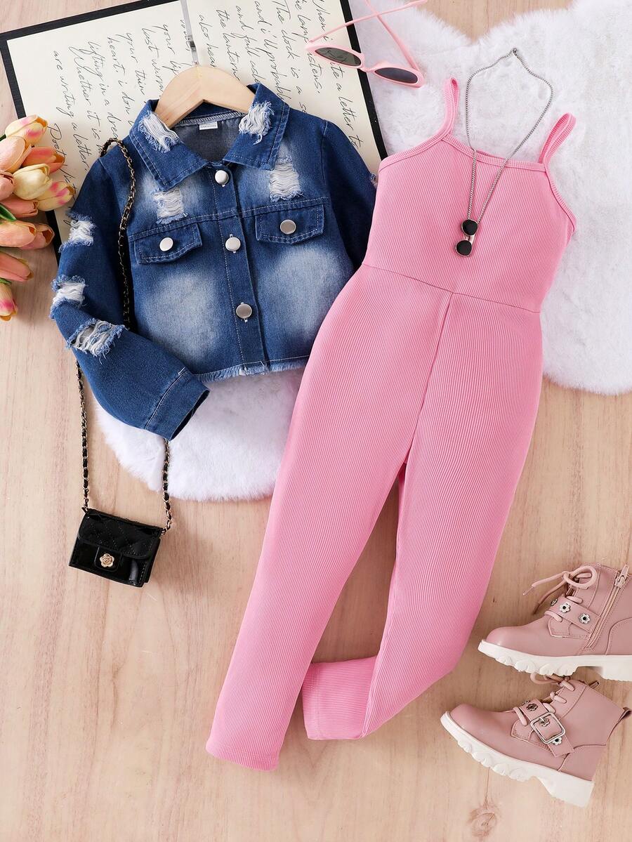 SHEIN 2pcs Young Girl Casual Washed Distressed Denim Jumpsuit Set - Pink - View 1