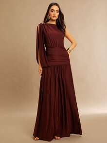 Silquee Burgundy Elegant Summer Dining Dress,Metallic-Embellished A-Line Stretch Knit Pleated Maxi,Draped Sleeve Flowing Gown For Party Bridesmaid Valentine - Coffee - View 1